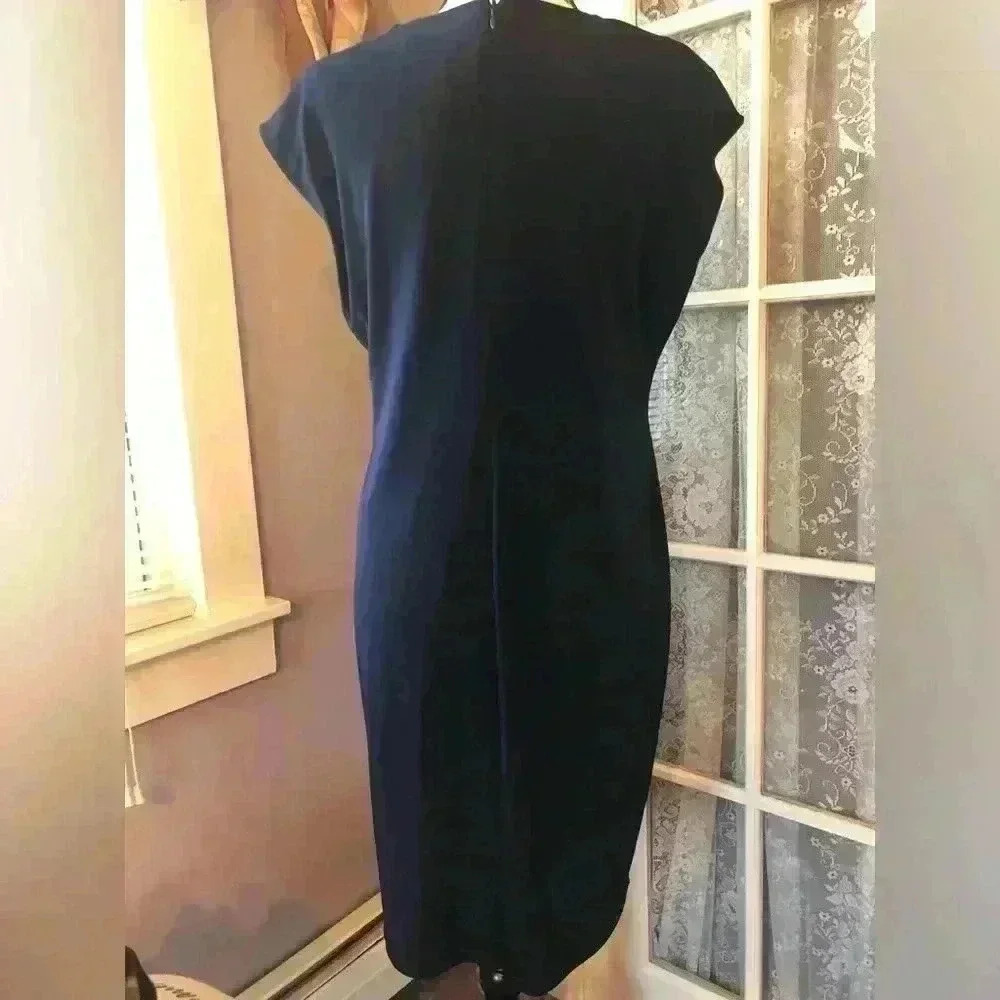 Calvin Klein Navy dress with Gold Chain and Button V-Neck Accents Sz 12 NWT - Picture 3 of 6